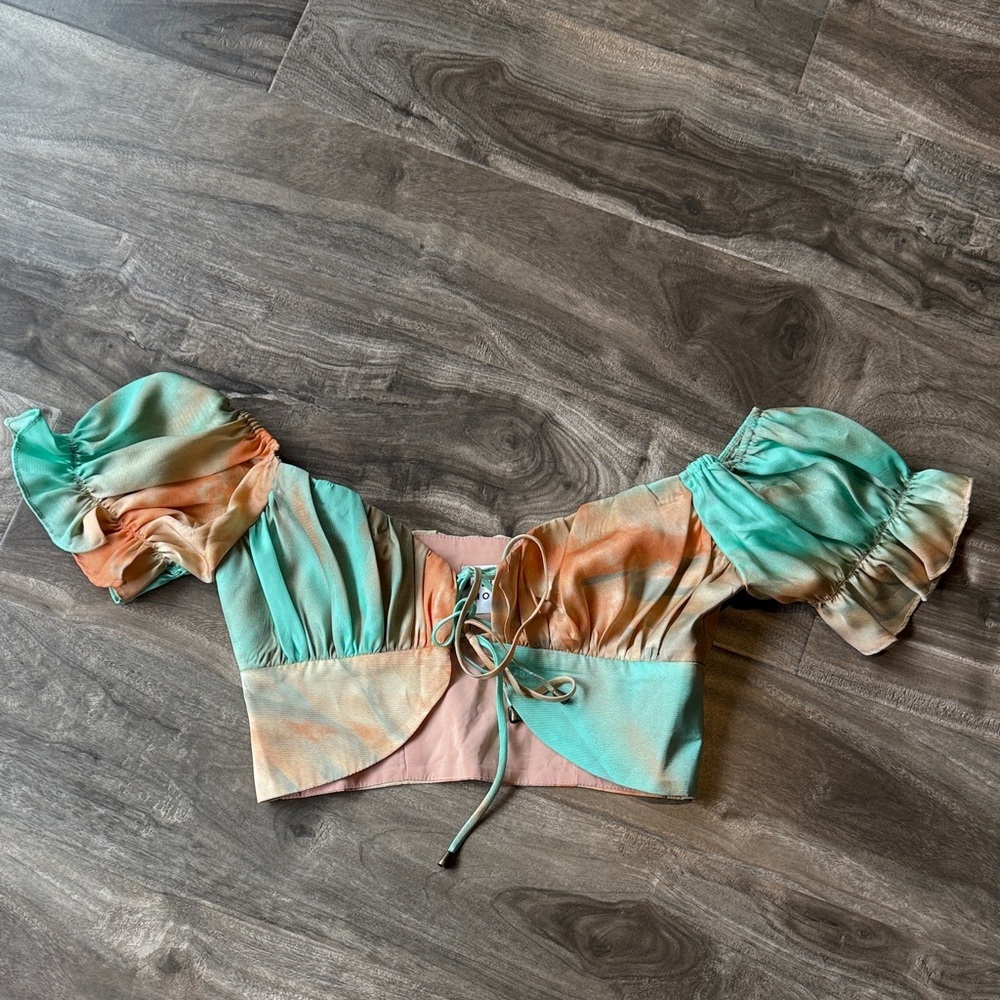 Hello Molly Pastel Tie Front Puff Sleeve Crop Top XS